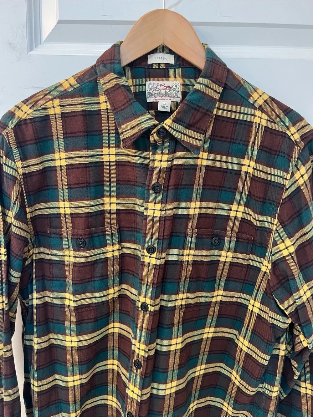 J.Crew Mid Weight Flannel‎ Regenerative Cotton Brown Plaid Shirt Mens Size Large